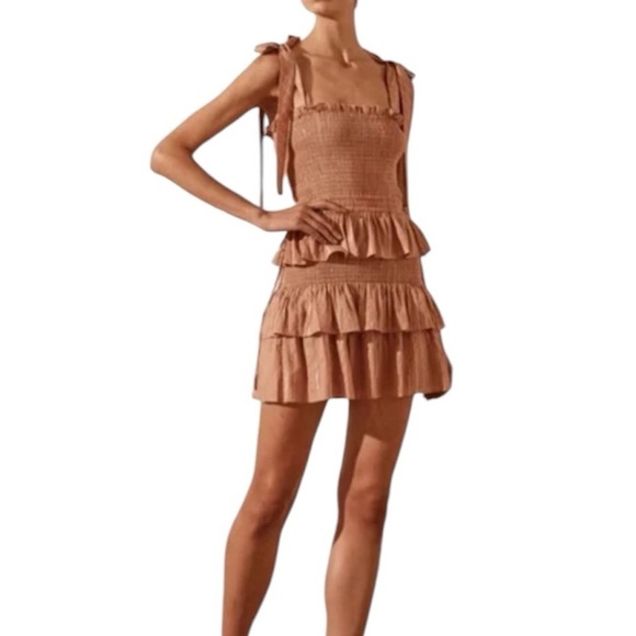 House of Harlow 1960 Corinne Tan Smocked Mini Dress - Picture 1 of 13